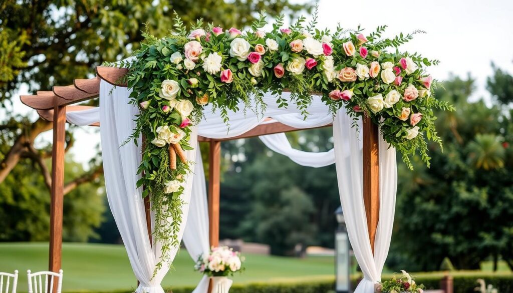 Rustic-wooden-wedding-arbor-design-with-floral-arrangements