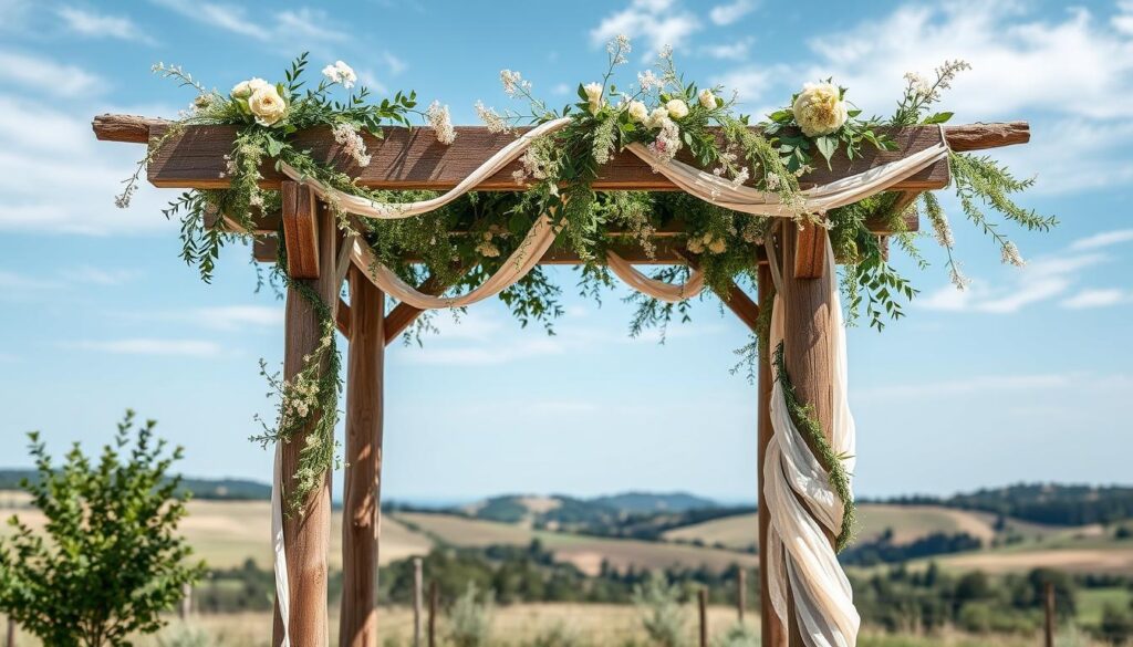 Beach-themed-wedding-arbor-design-with-seashells-and-driftwood