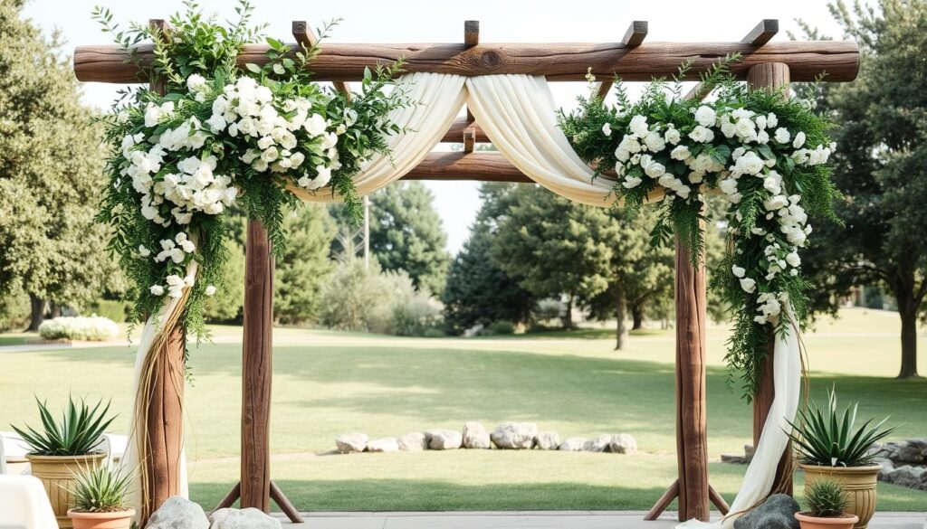 Elegant-white-wedding-arbor-design-adorned-with-flowing-fabric