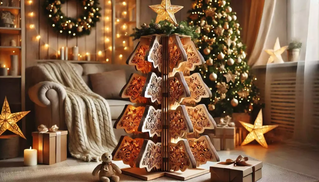 Foldable-wooden-Christmas-tree-box-with-visible-hinges-and-panels
