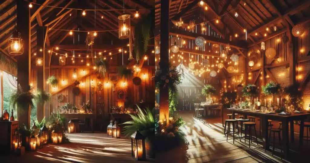 Elegant-string-lights-hanging-in-a-party-barn
