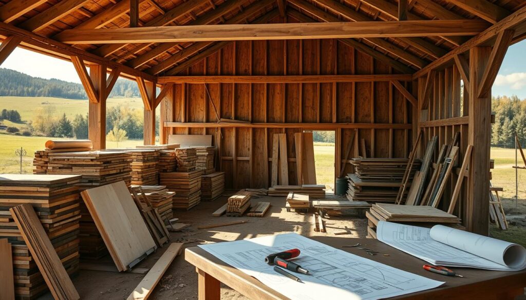 Hand-built-red-wooden-barn-in-rural-landscape
