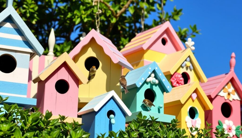 Pastel-themed-paint-ideas-wooden-birdhouses
