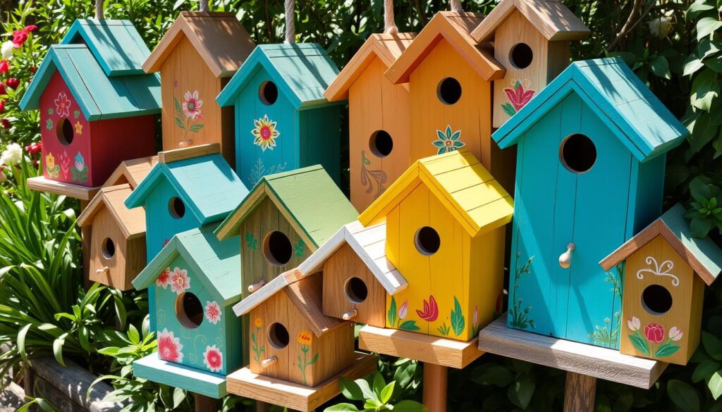 DIY-paint-ideas-wooden-birdhouses-with-acrylic-paints
