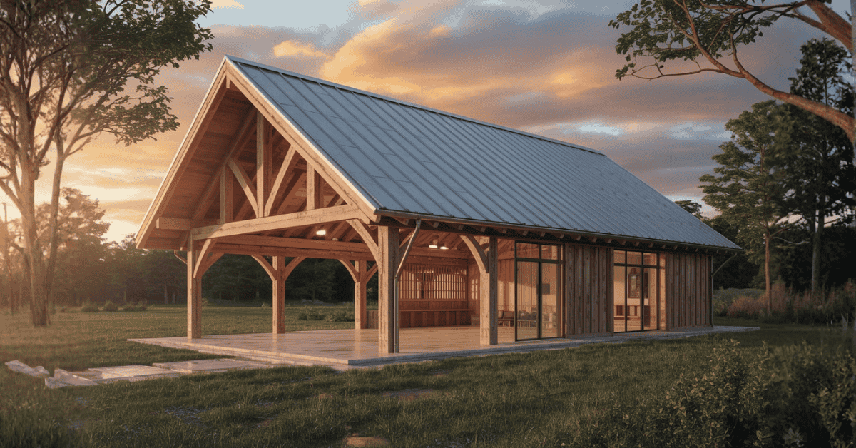 modern-eco-friendly-timber-frame-barn-with-mortise-and-tenon-joints-reclaimed-timber-large-wooden-doors-and-sunset-lighting