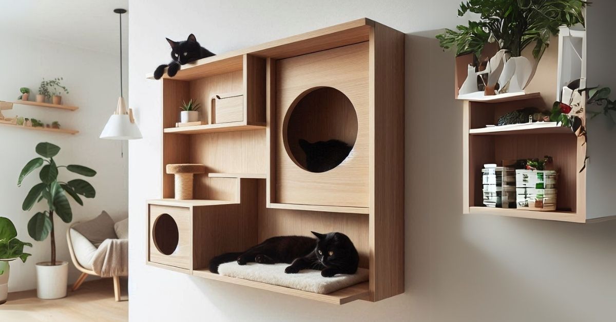 Bohemian-themed-DIY-wooden-cat-house-with-macrame