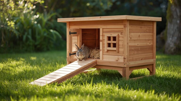 diy-rabbit-house-in-backyard-with-wooden-hutch-and-rabbit