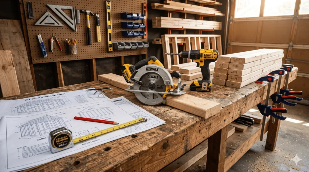 diy-woodworking-workspace-with-shed-blueprints-and-tools