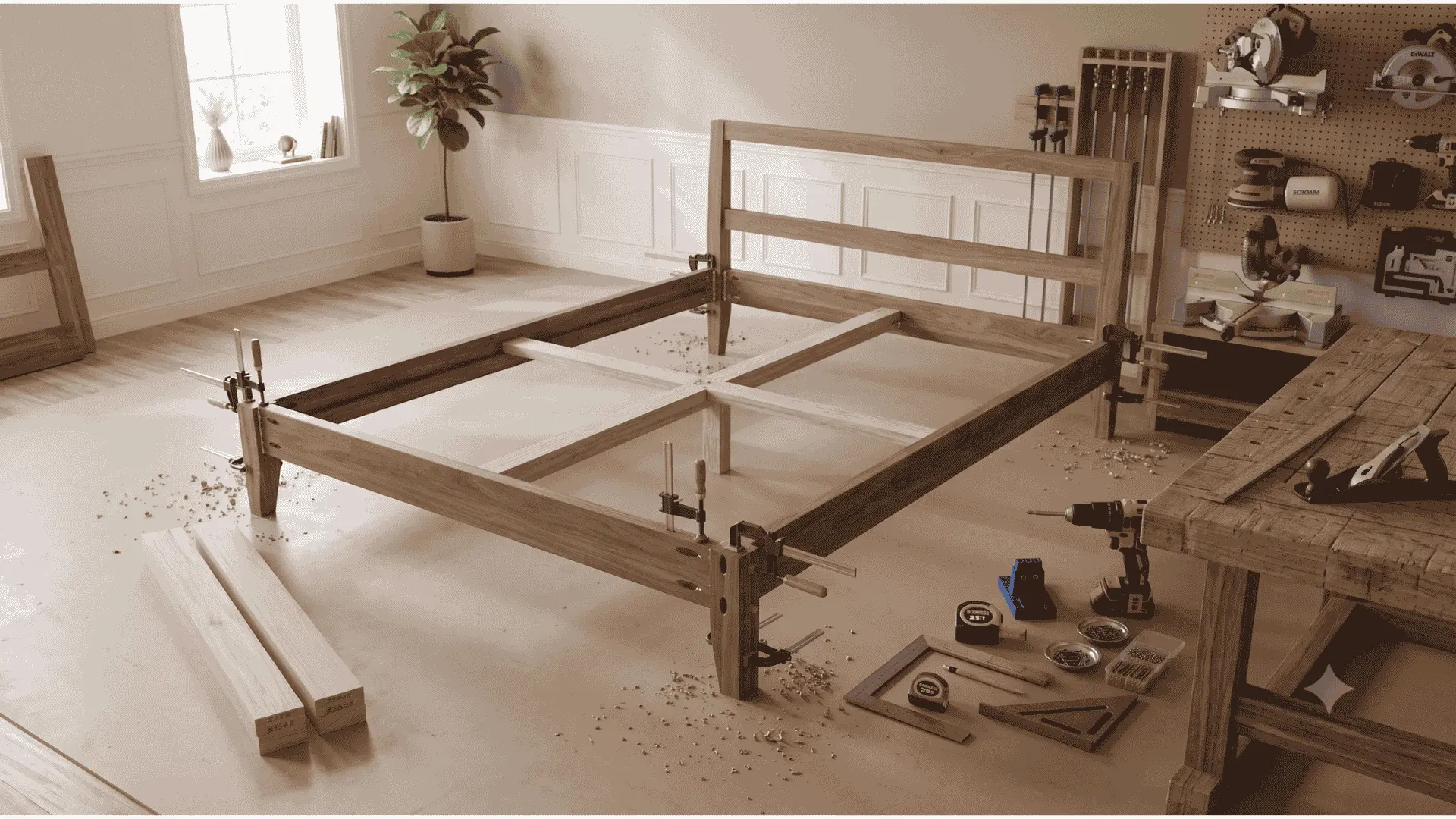 diy-wooden-bed-frame-assembly-clamps-square-corners-accurate-measurements-woodworking