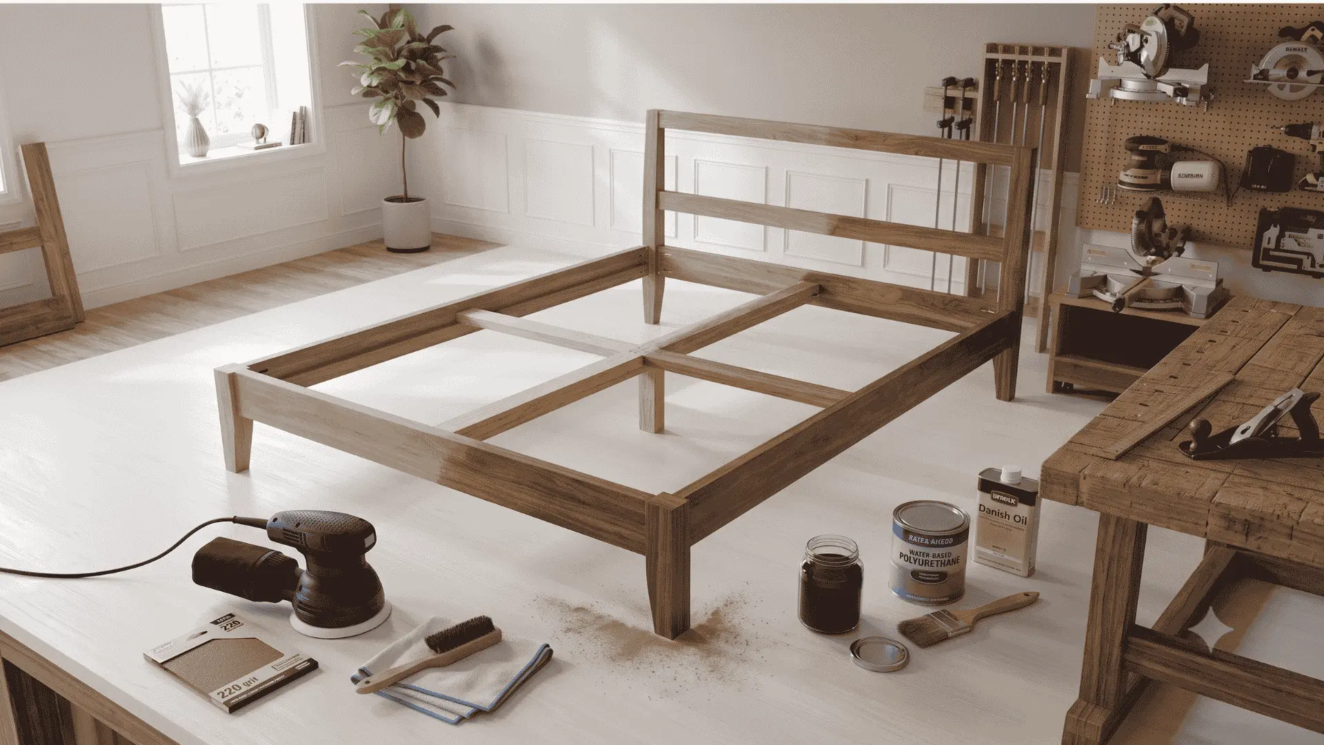 diy-wooden-bed-frame-sanding-220-grit-staining-danish-oil-premium-wood-finish